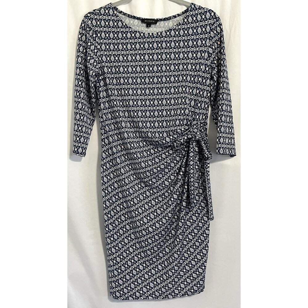 AA Studio Dress Blue Peach White Pullover Faux Wrap 3/4 Sleeve Women’s Size 12